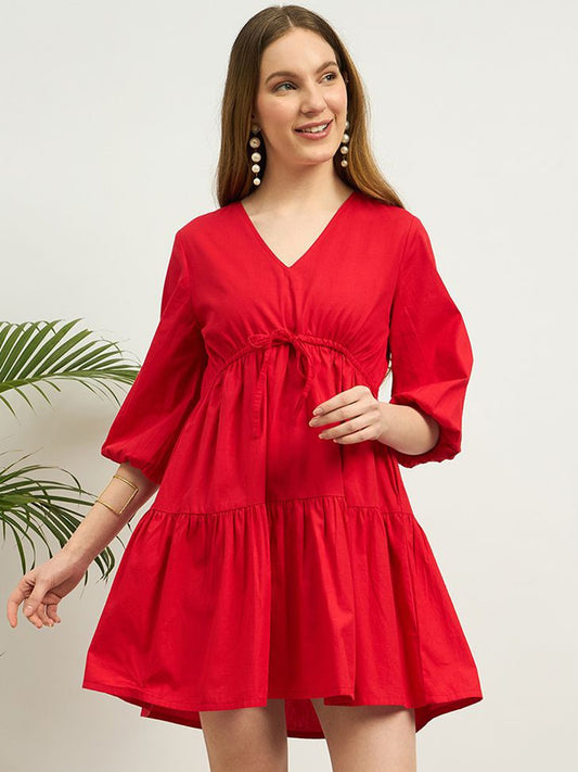 Zummer Red V-Neck Tiered Mini Dress