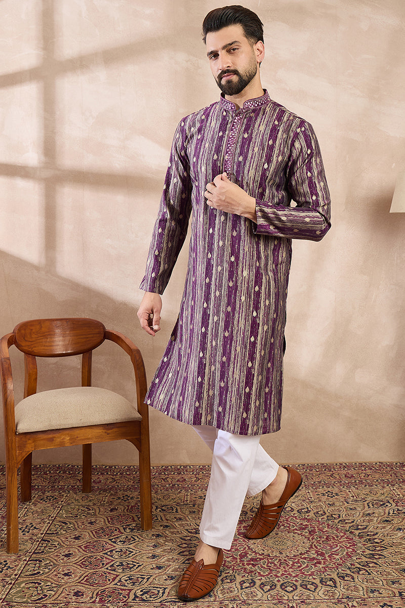 Purple Silk Blend Abstract Printed Straight Kurta