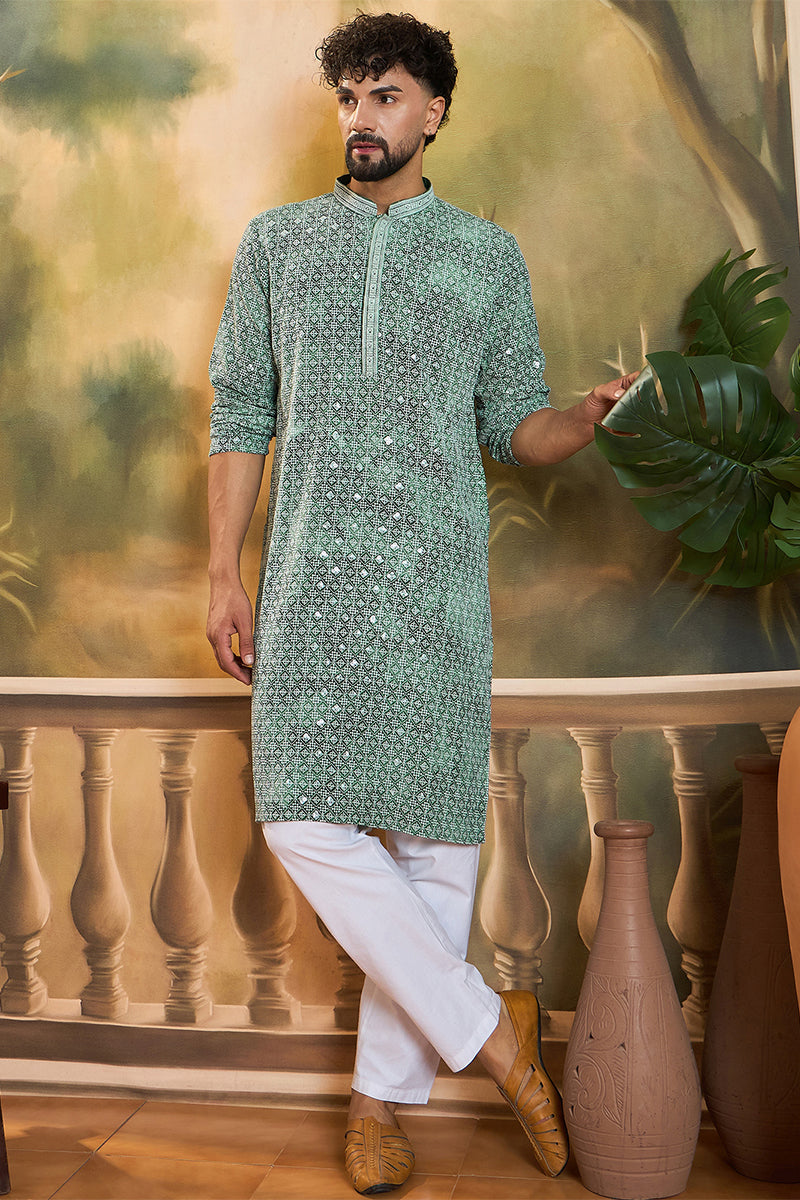green viscose rayon shibori embroidered straight kurta with trouser