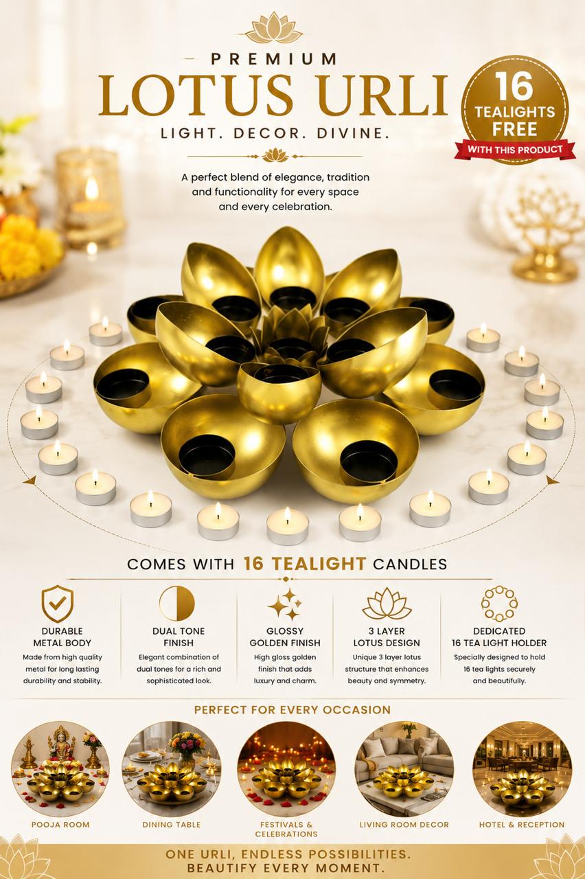 golden metal urli cum tealight holder set decorative diya flower urli for festive home decor