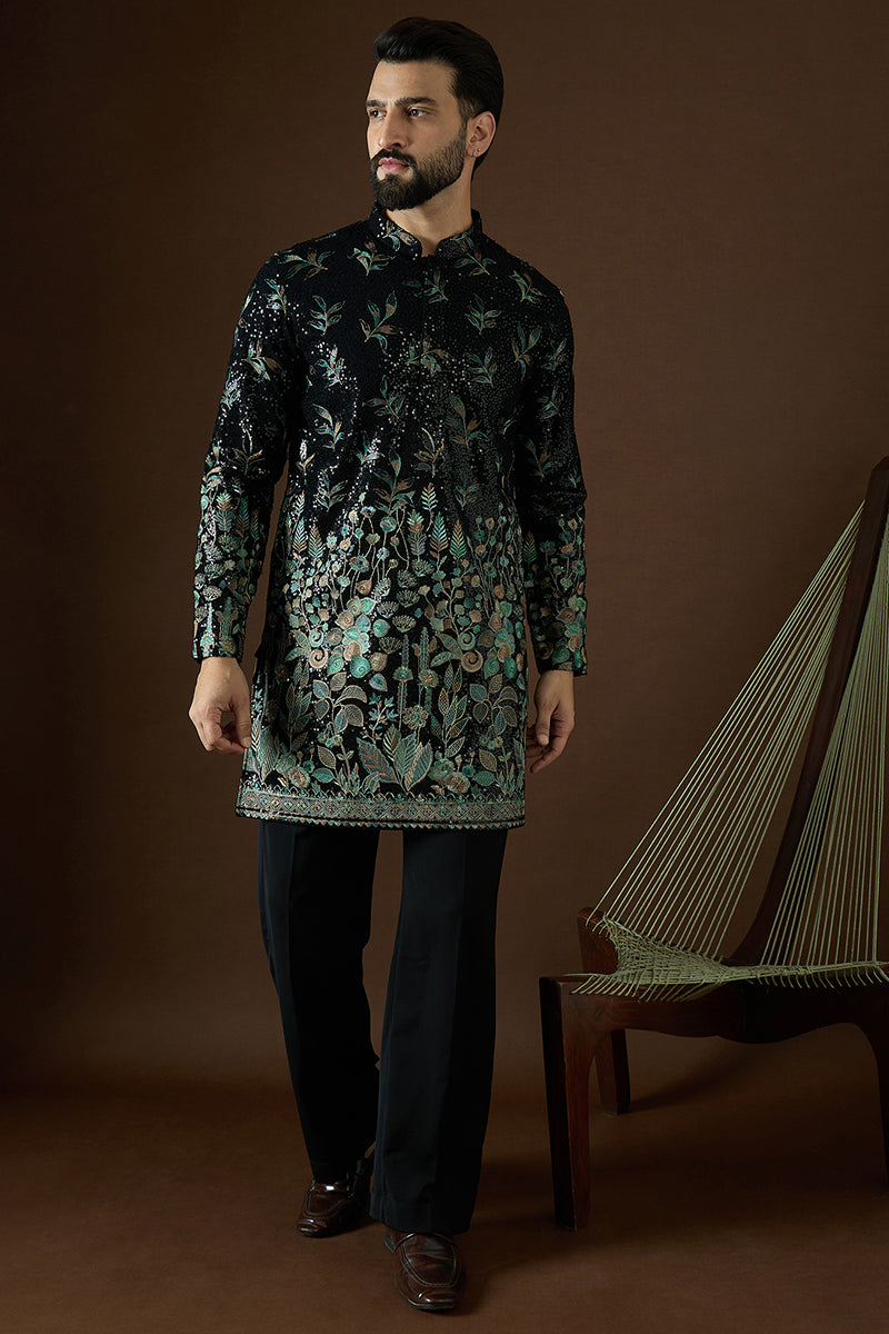 Black Silk Blend Solid Embroidered Straight Kurta Sets MKSET1876