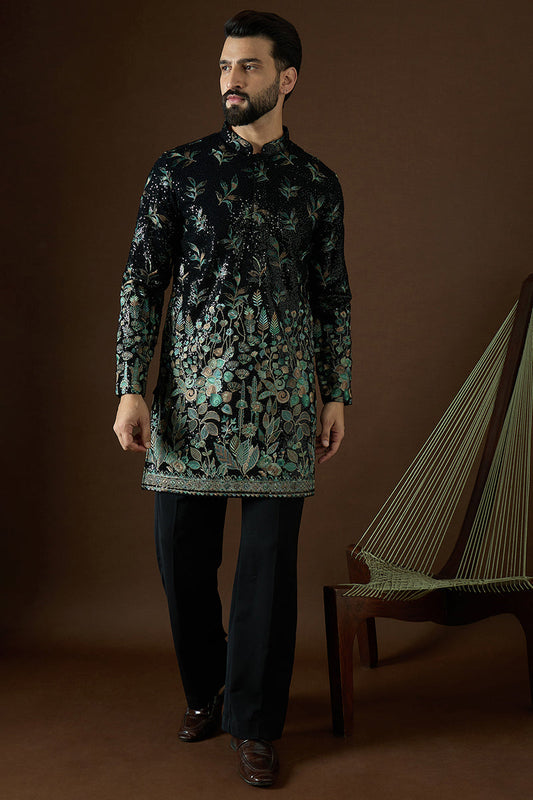 Black Silk Blend Solid Embroidered Straight Kurta Sets MKSET1876