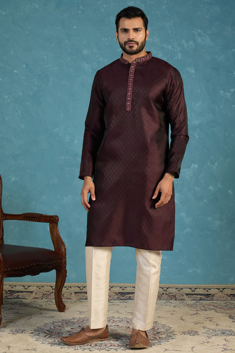 Mens Purple Silk Blend Woven Design Straight Kurta