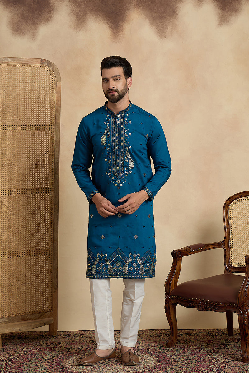 Mens Teal Silk Blend Solid Embroidered Thread Work Kurta With Trouser