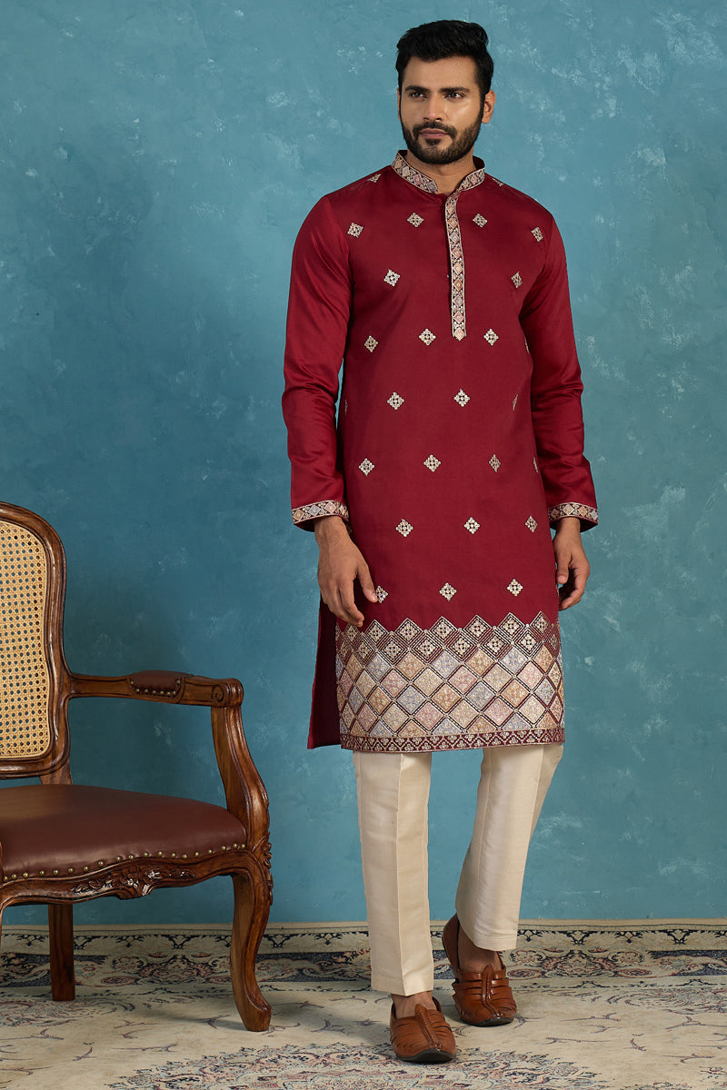 Silk Blend Maroon Solid Embroidered Calf Length Straight Kurta With Trousers