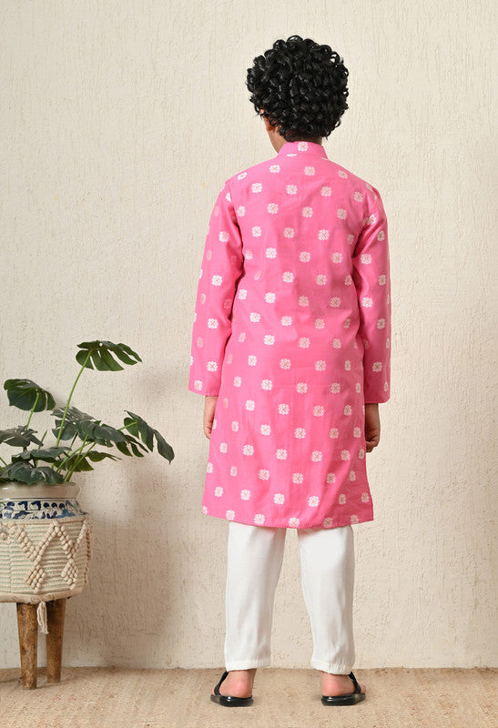 Indi Loom Couture Boys Pink Jacquard Royal  Kurta with White Pant Set ILBKS52