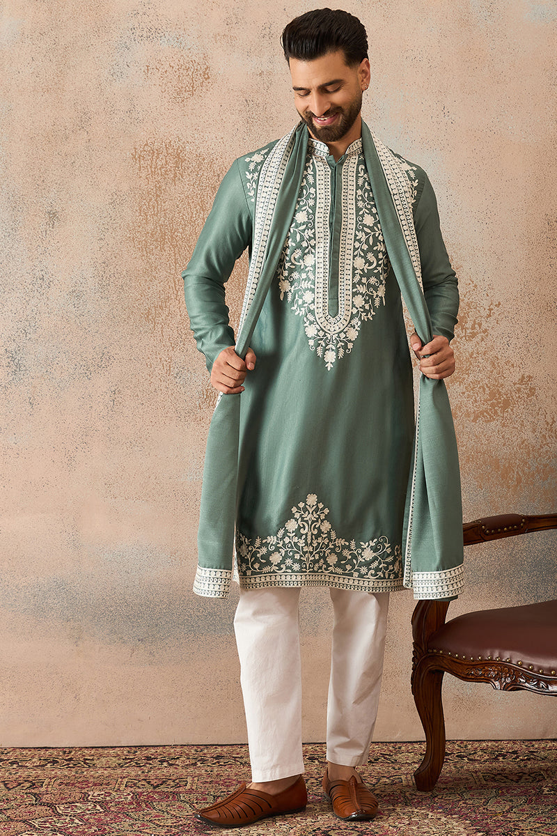 Mens Green Silk Blend Solid Embroidered Kurta Trouser With Dupatta