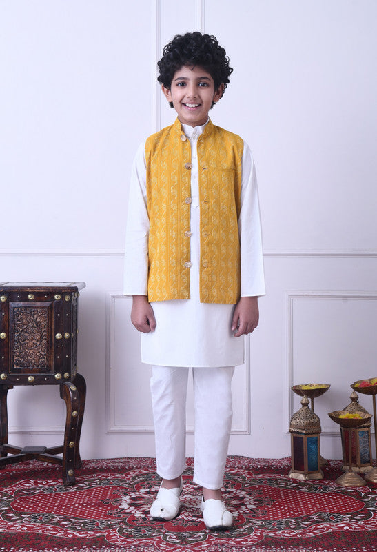 Indi Loom Couture Boys White Kurta & Pyjama with Mustard Yellow Dobby Nehru Jacket Set ILBKSJ15