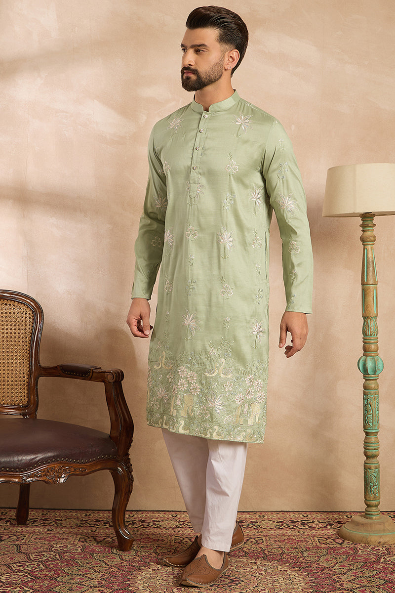 Olive Silk Blend Solid Embroidered Straight Kurta