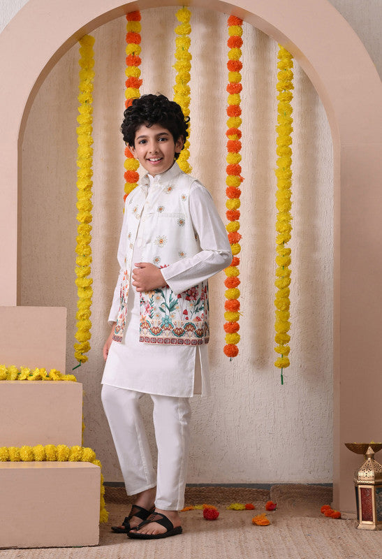 Indi Loom Couture Boys White Kurta Pyjama with Printed Jacket Set ILBKSJ27