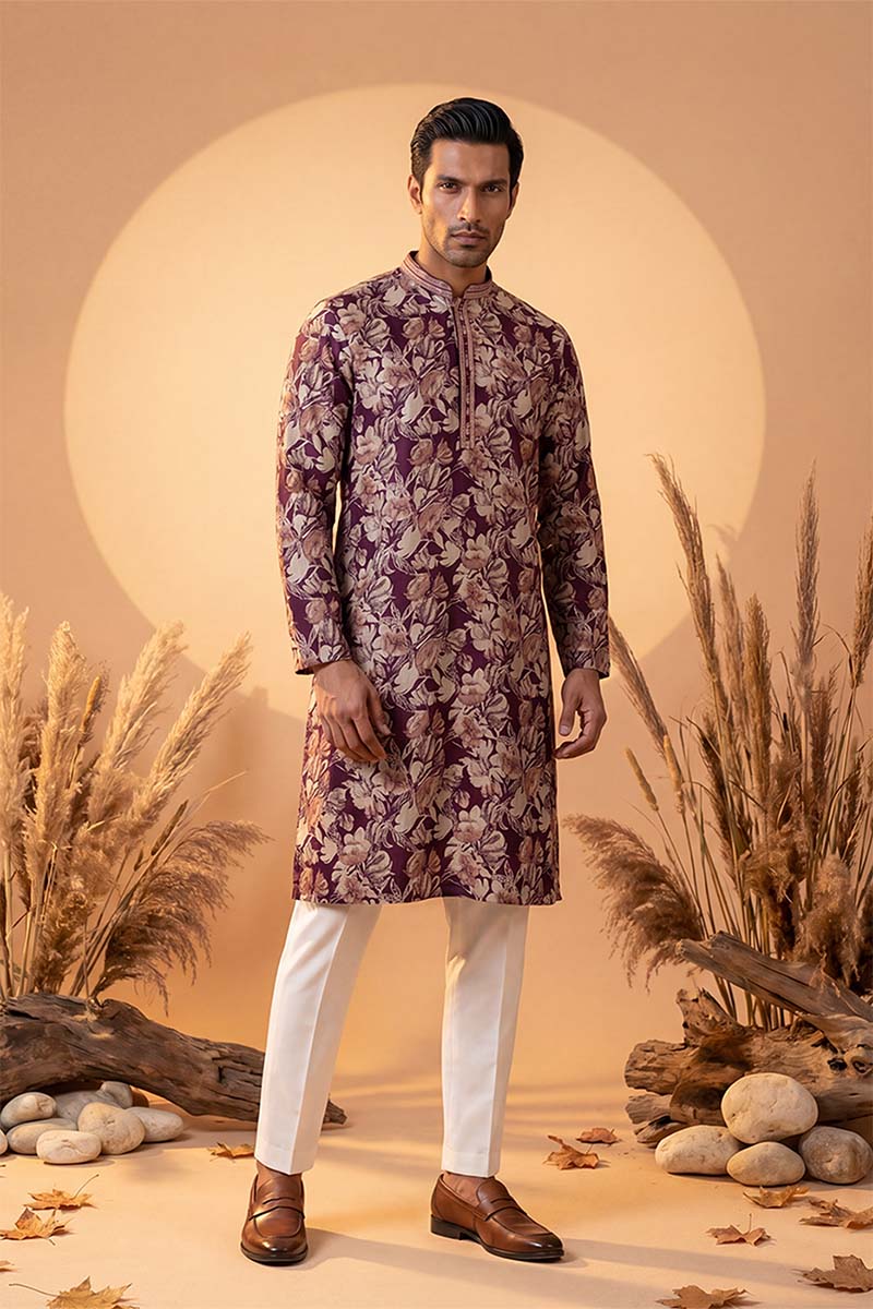 Mens Purple Viscose Rayon Floral Printed Kurta With Trousers