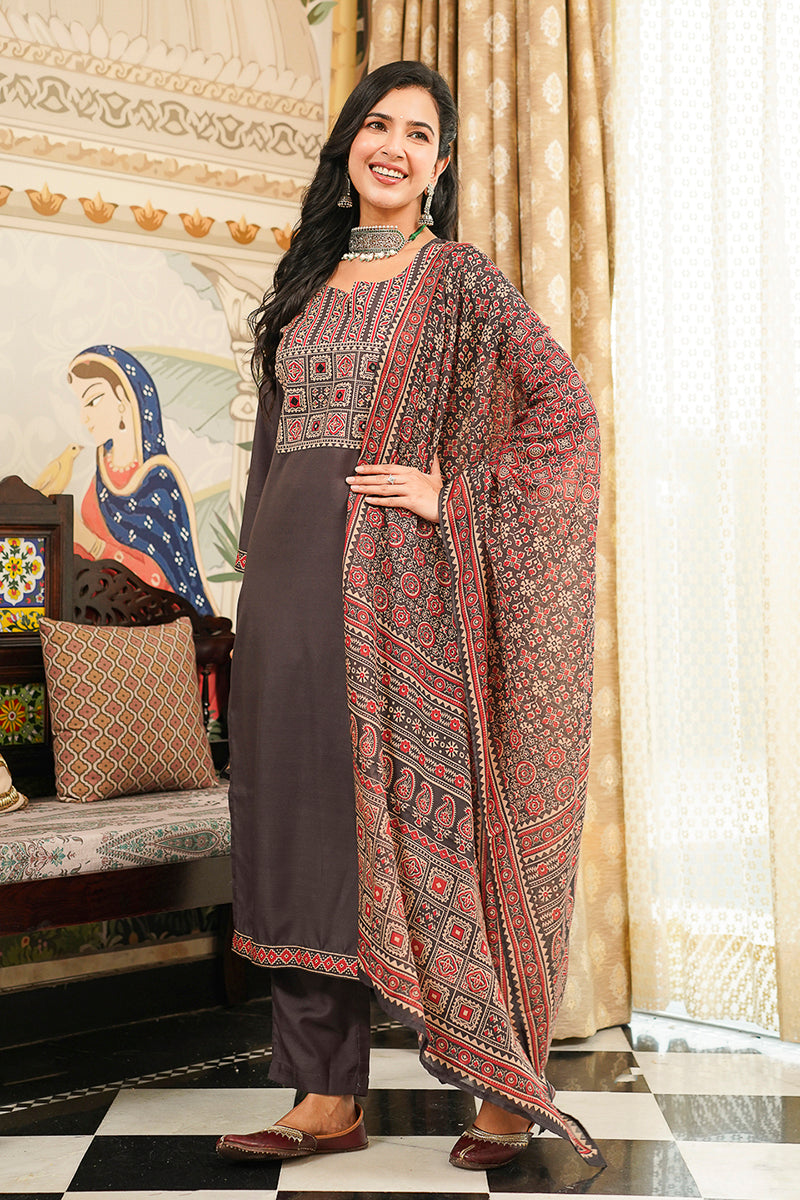 black rayon blend ajrakh printed straight kurta trousers with dupatta 