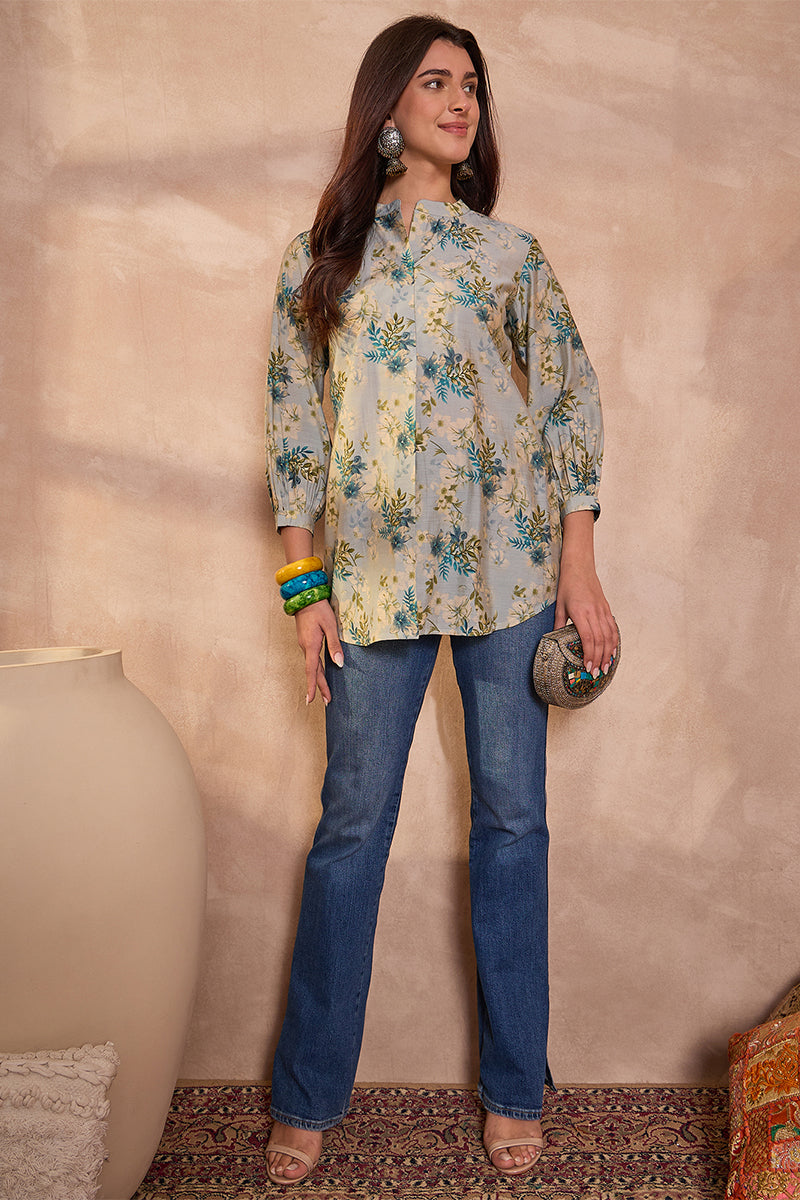 grey silk blend floral printed top