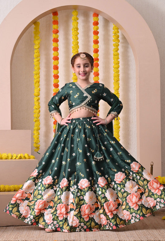 Indi Loom Couture Girls Dark Green Floral Printed Lehenga Choli with Net Dupatta ILLCD37