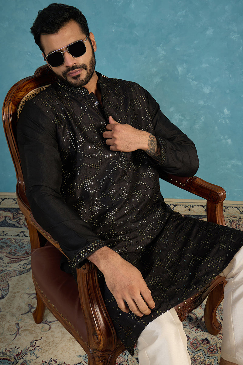 Silk Blend Black Solid Embroidered Calf Length Straight Kurta With Trousers
