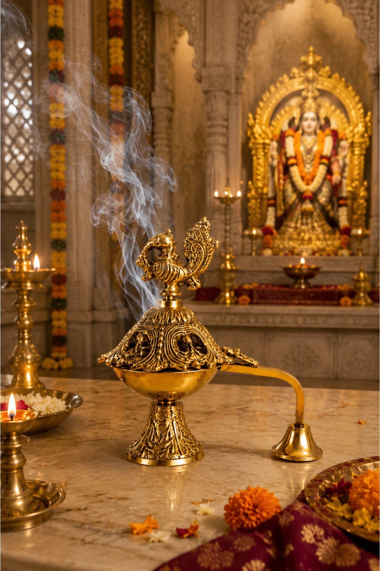 premium peacock brass incense burner with handle handcrafted brass dhoop dani for sambrani loban dhoop cups resin incense decorative pooja dhuni burner for home temple