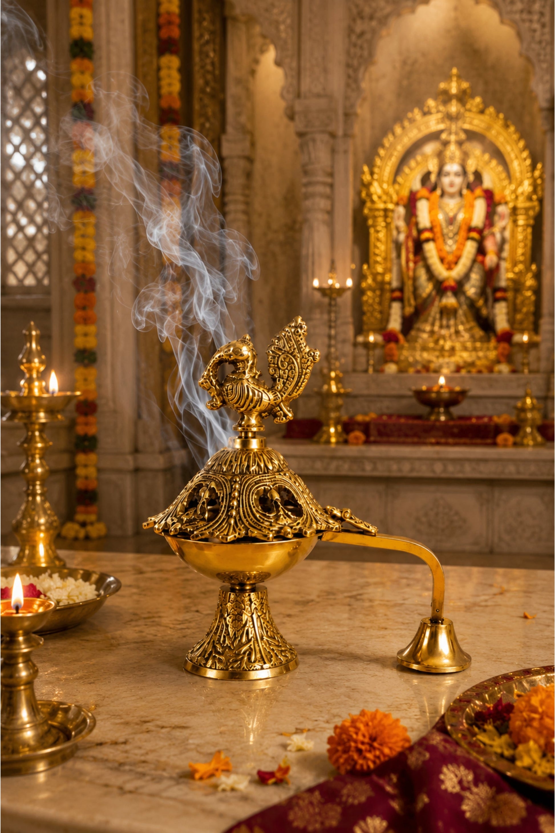 premium peacock brass incense burner with handle handcrafted brass dhoop dani for sambrani loban dhoop cups resin incense decorative pooja dhuni burner for home temple