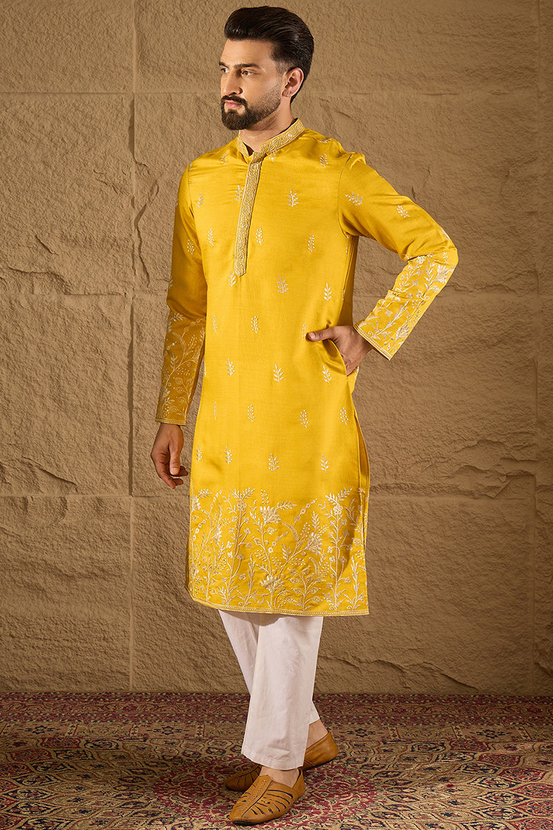 yellow chanderi silk solid embroidered straight kurta with trouser