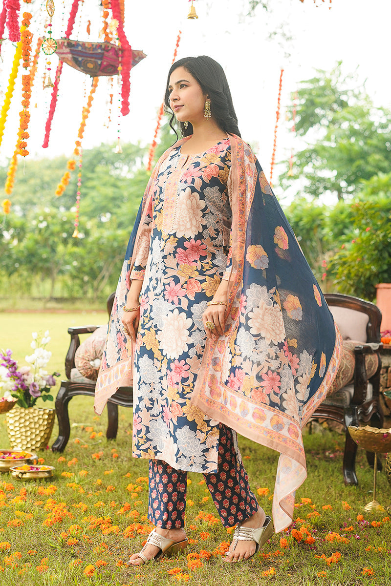 blue rayon blend floral printed straight kurta trousers with dupatta 