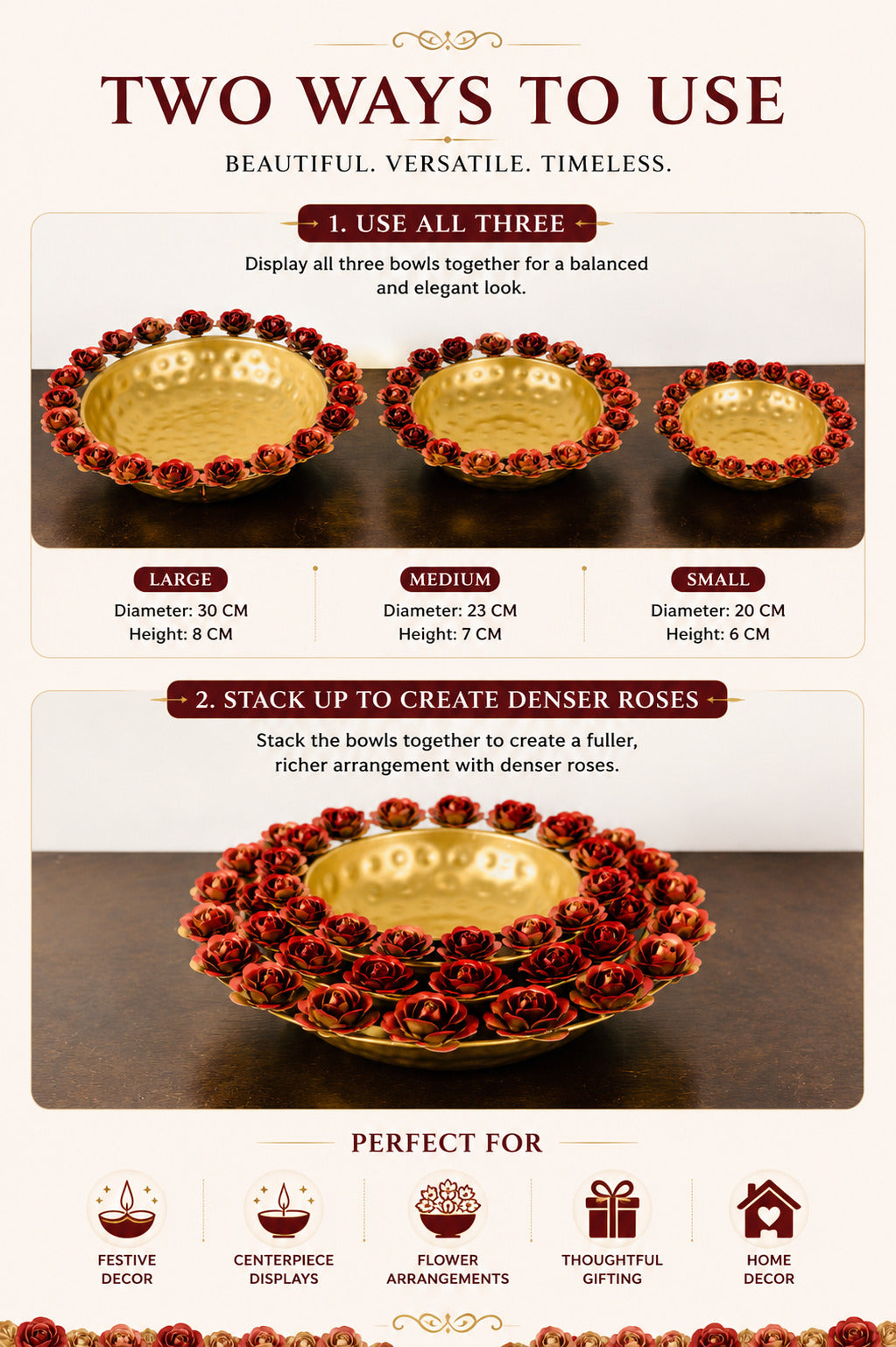 premium decorative urli bowl set of 3 with rose rim design hammered metal floating flower bowls for water candles tea lights diwali pooja wedding festival home decor centerpiece