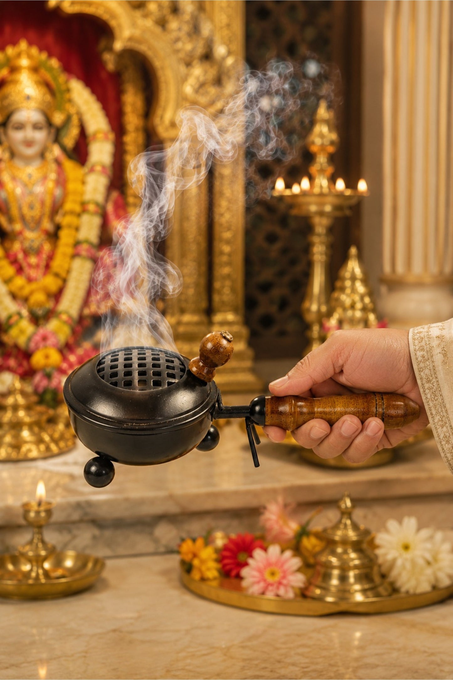 brass finish metal dhoop dani with wooden handle lid for pooja loban sambrani burning covered incense burner for home temple havan vastu premium festive gift item copy