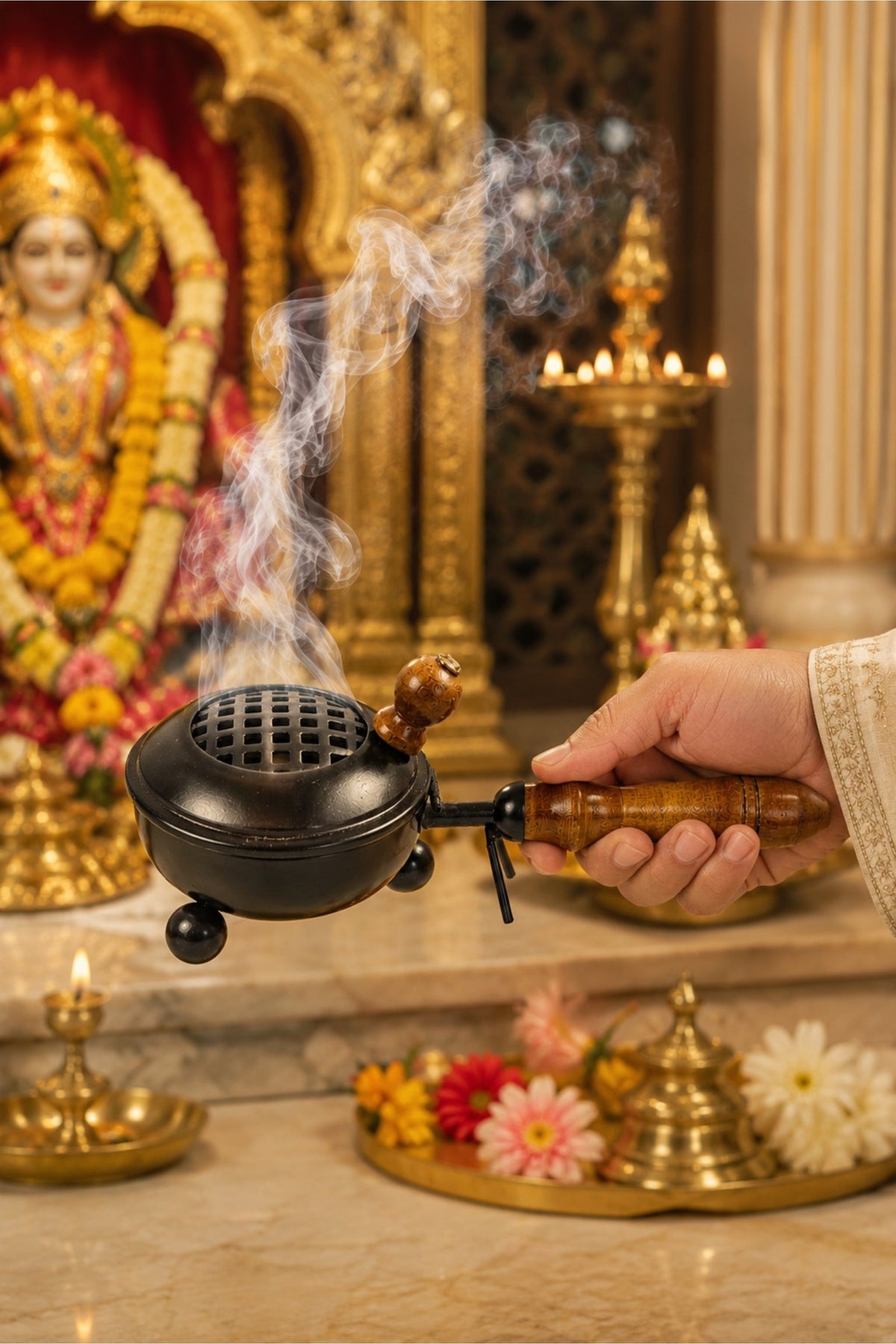 brass finish metal dhoop dani with wooden handle lid for pooja loban sambrani burning covered incense burner for home temple havan vastu premium festive gift item copy