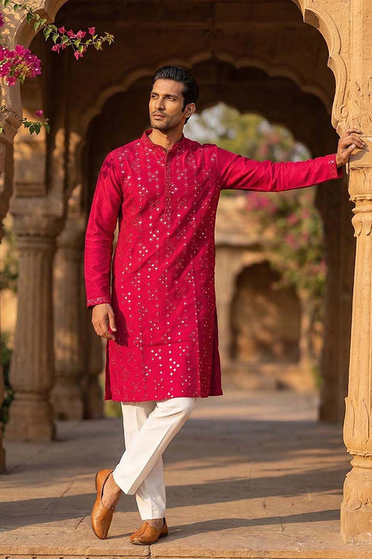 Mens Pink Silk Blend Solid Embroidered Kurta With Trousers MKSET2076