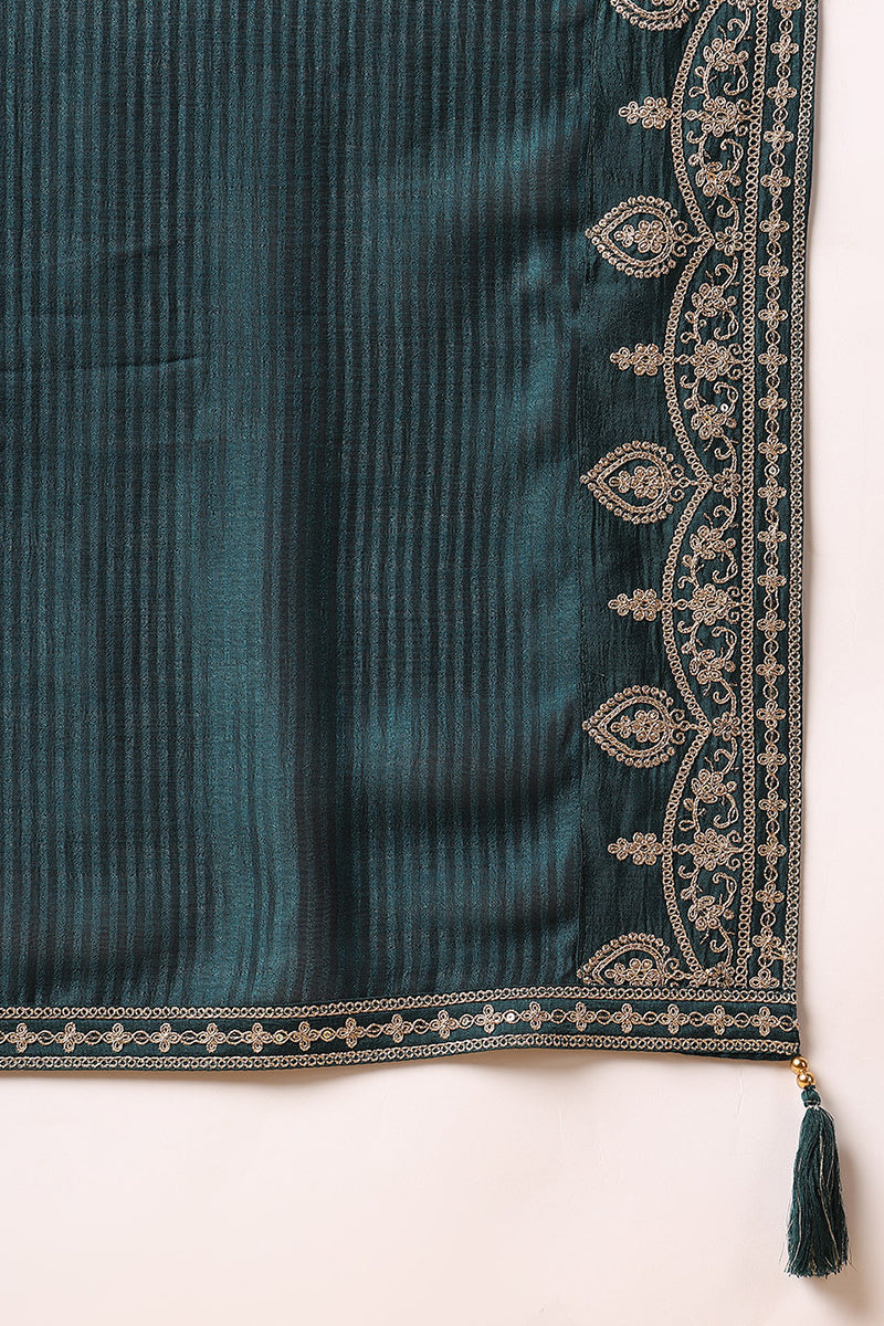 green silk blend solid embroidered straight suit set pkskd2261