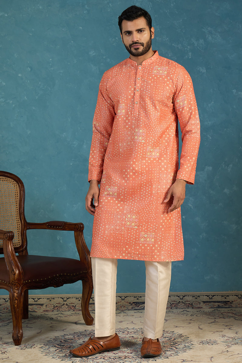 Mens Orange Linen Blend Bandhani Printed Kurta With Trouser