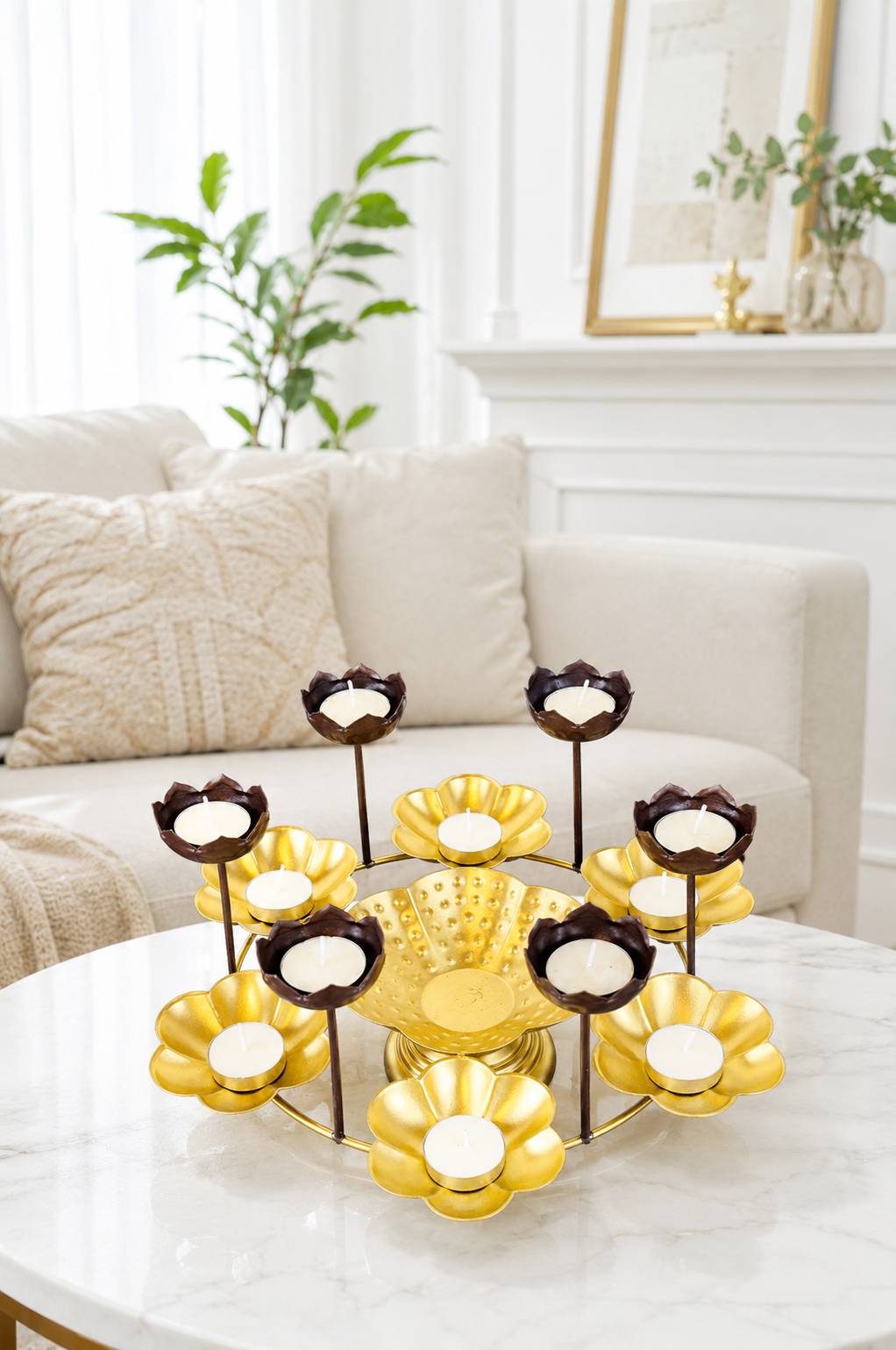 premium lotus urli bowl with elevated tea light holders decorative hammered metal floating flower bowl gold finish candle centerpiece for diwali pooja weddings festivals home decor
