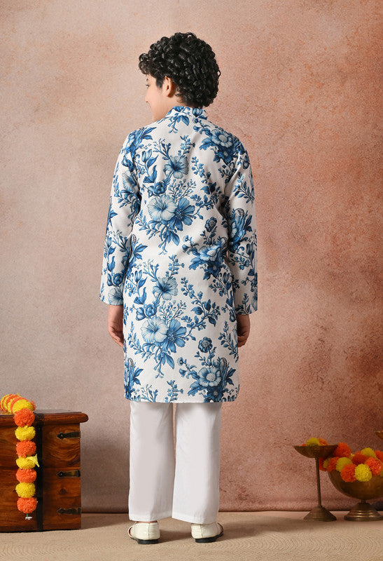 Indi Loom Couture Boys White & Blue Floral Printed Kurta with White Pant Set ILBKS58