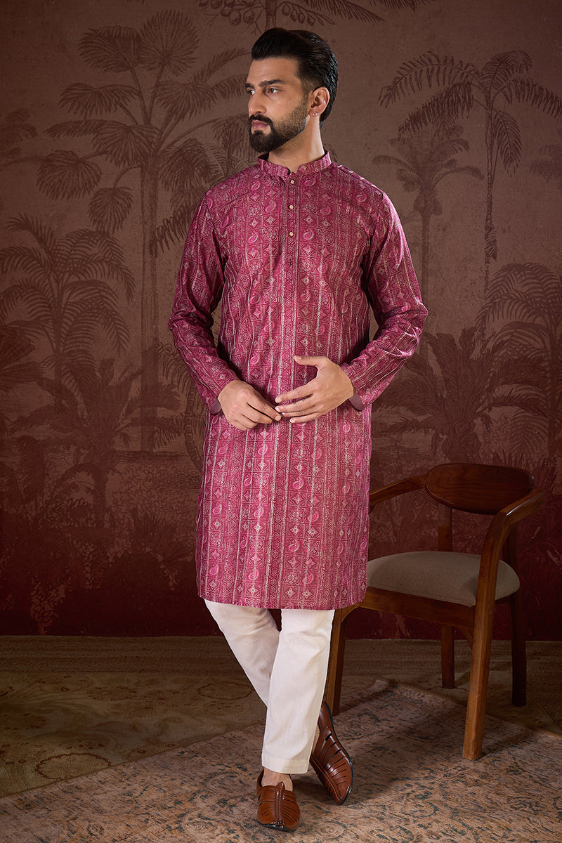 Maroon Silk Blend Ethnic Motifs Printed Straight Kurta