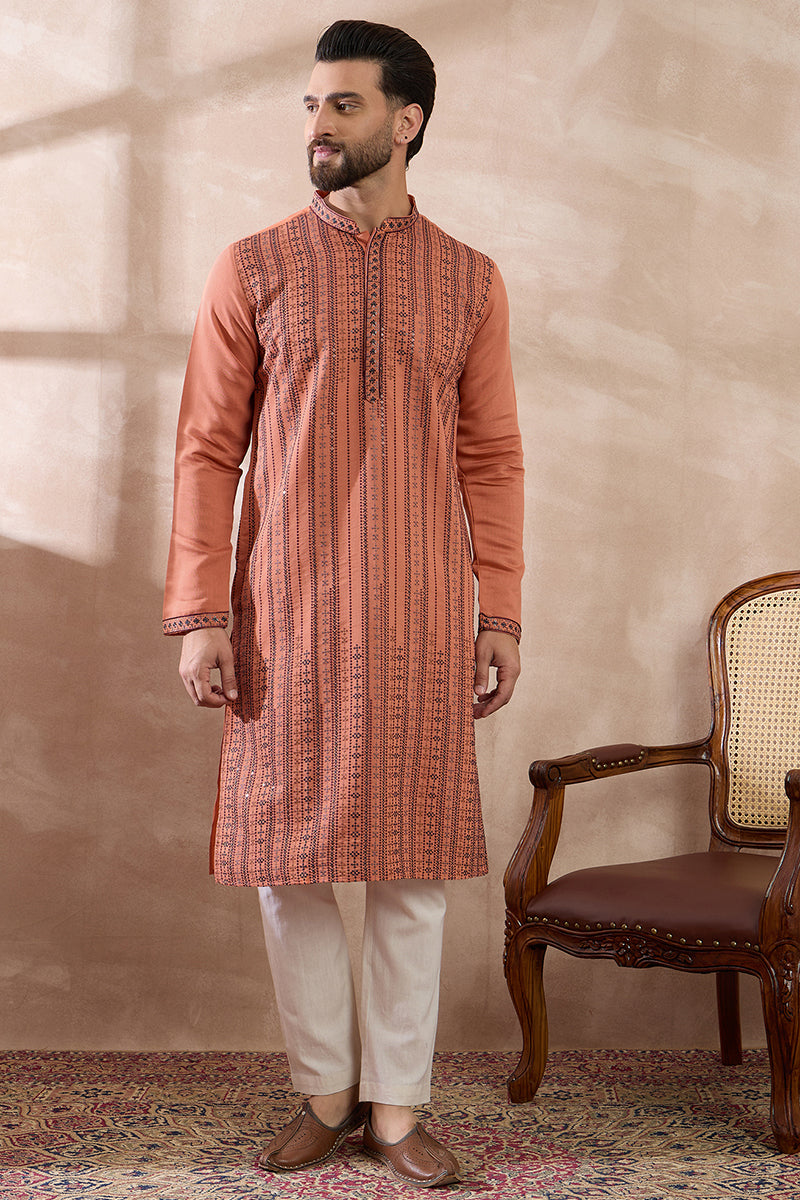 Orange Silk Blend Embroidered Mandarin Collar Straight Kurta With Trouser