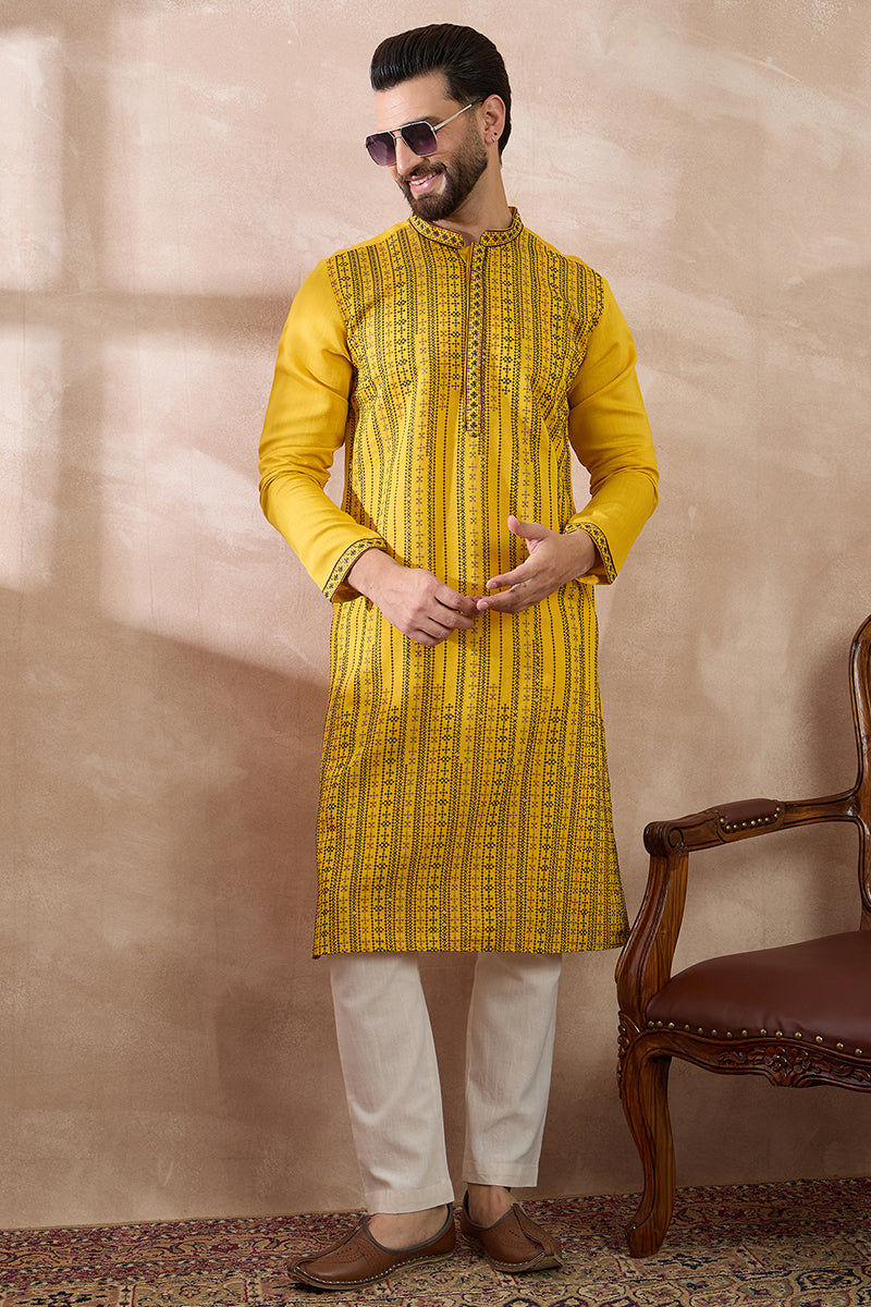 Yellow Silk Blend Embroidered Mandarin Collar Straight Kurta With Trouser