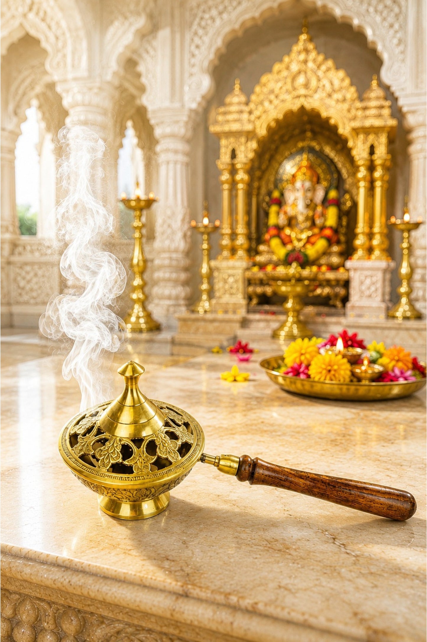 premium brass loban burner with wooden handle handcrafted brass dhoop dani for loban sambrani cups bakhoor camphor resin incense antique floral brass incense burner for home temple meditation gifting