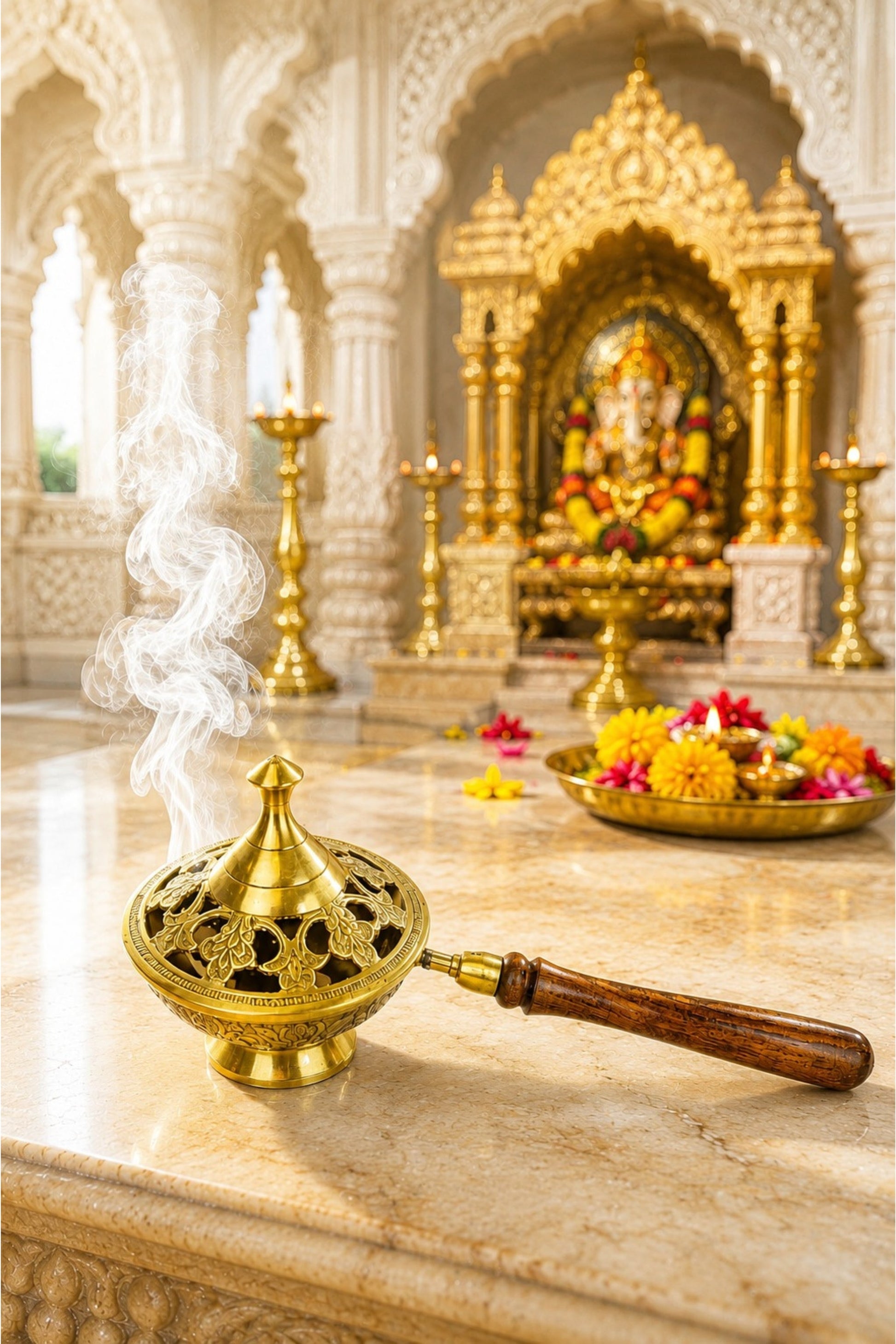 premium brass loban burner with wooden handle handcrafted brass dhoop dani for loban sambrani cups bakhoor camphor resin incense antique floral brass incense burner for home temple meditation gifting