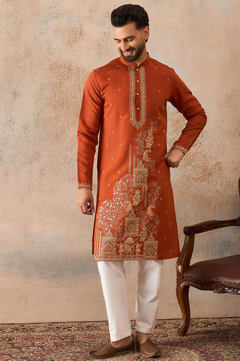 Mens Brown Viscose Rayon Solid Emboidered Straight Kurta