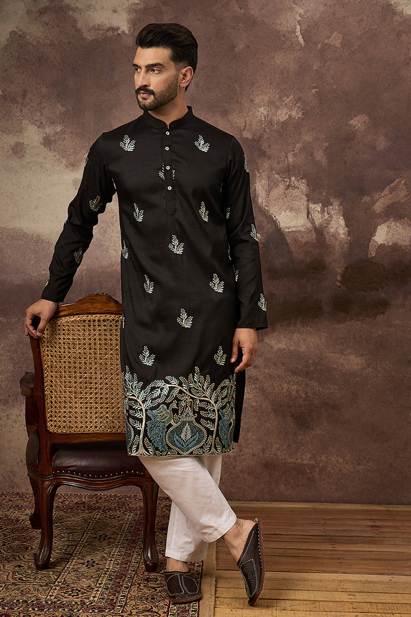 black silk blend solid embroidered straight kurta with trouser