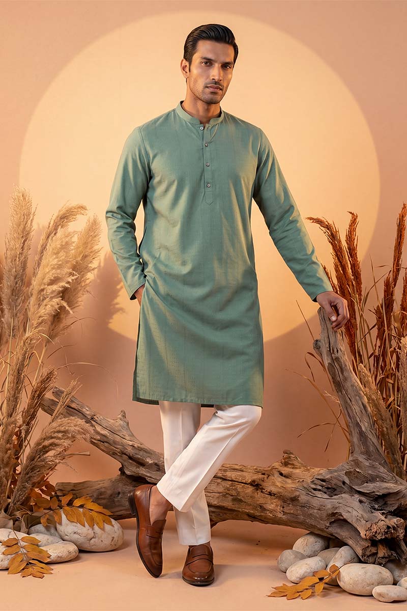 Mens Green Silk Blend Solid Solid Kurta