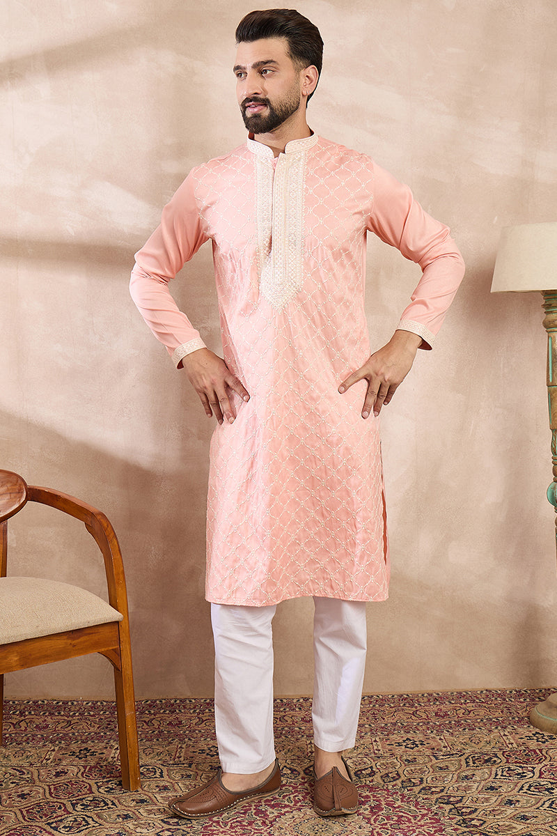 Pink Silk Blend Ethnic Motifs Embroidered Straight Kurta With Trouser