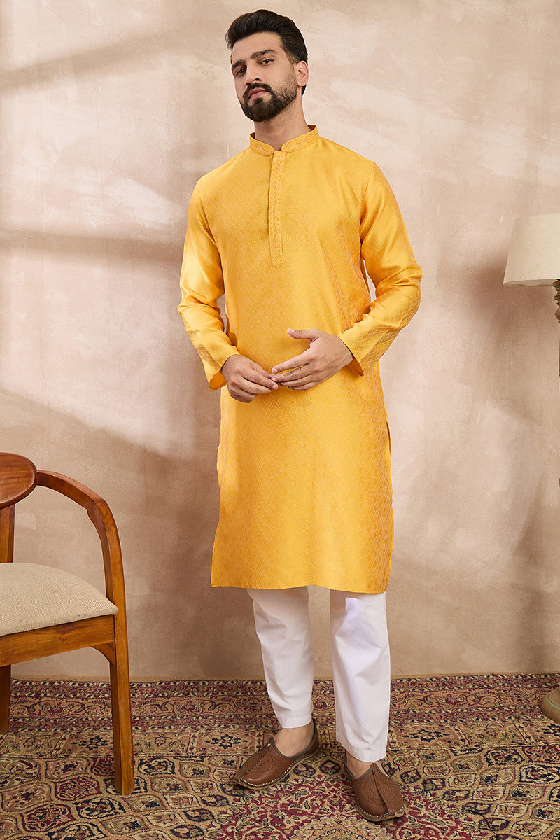 Yellow Silk Blend Solid Embroidered Straight Kurta With Trouser