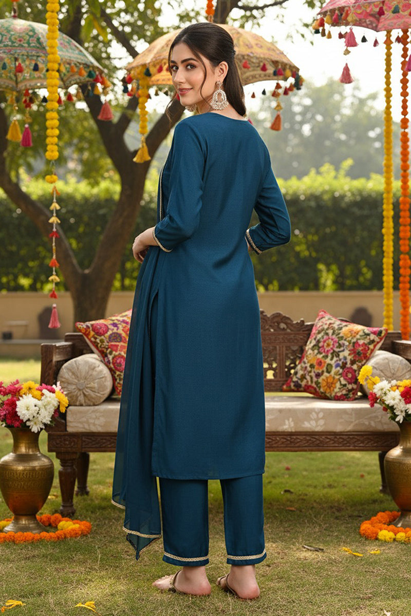 silk blend teal embroidered straight kurta pant with dupatta 