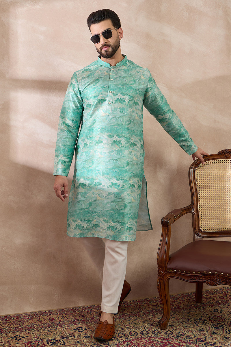 Green Silk Blend Printed Mandarin Collar Straight Kurta With Trouser