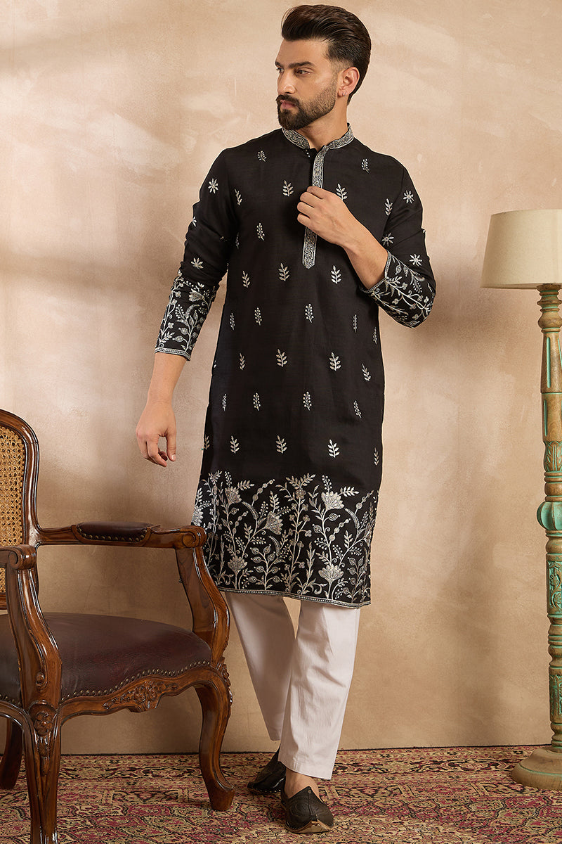 Black Silk Blend Solid Embroidered Straight Kurta With Trouser