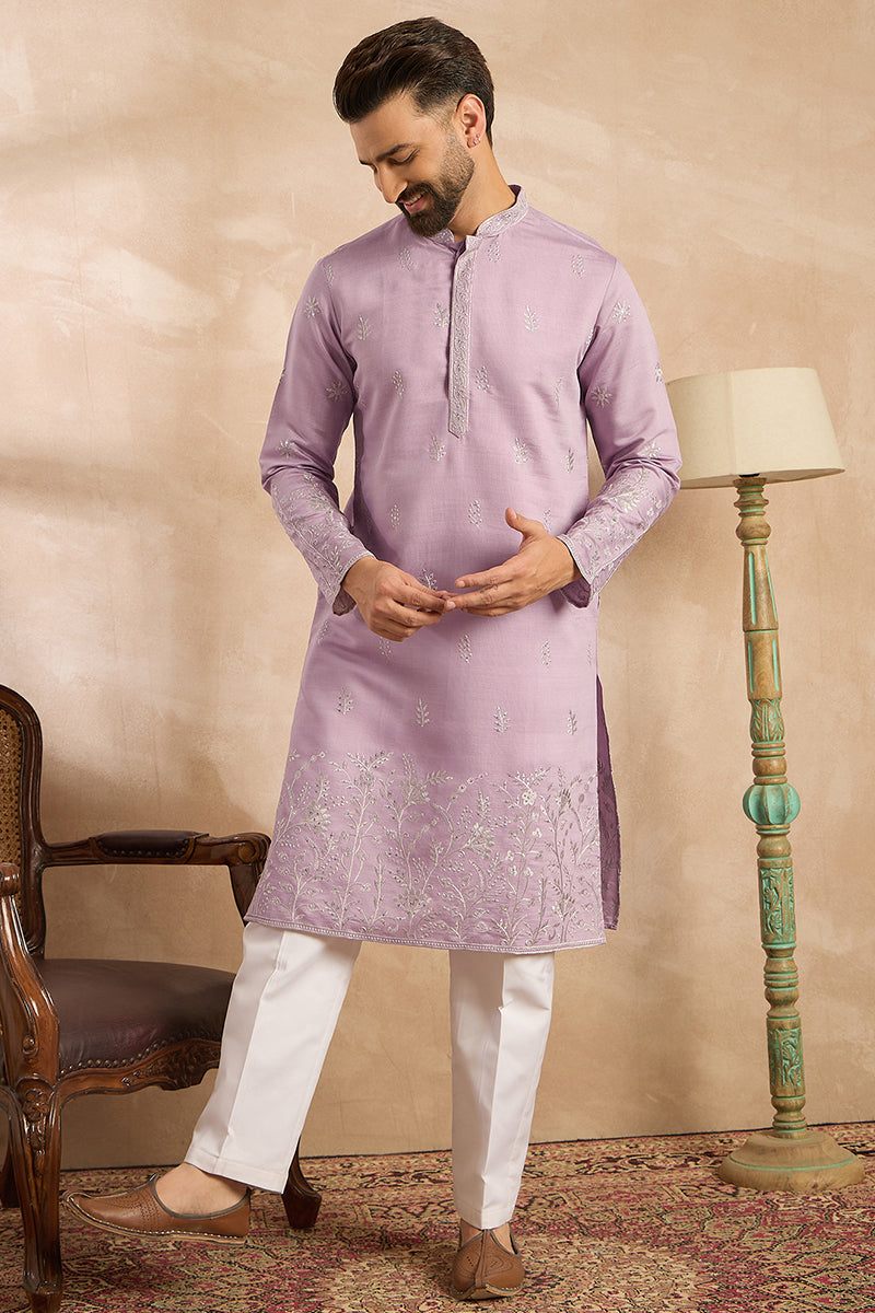 Lavender Silk Blend Floral Embroidered Straight Kurta With Trouser