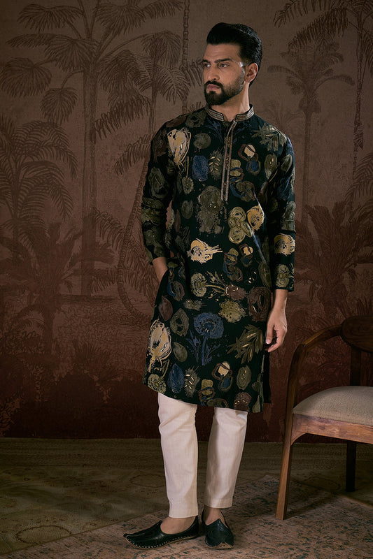 Black Silk Blend Floral Printed Straight Kurta MKU1960
