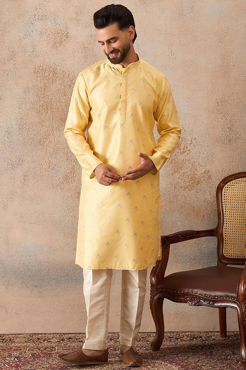 Mens Yellow Silk Blend Floral Straight Kurta