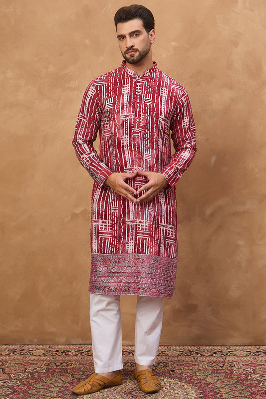 Red Viscose Rayon Batik Embroidered Straight Kurta MKU1499