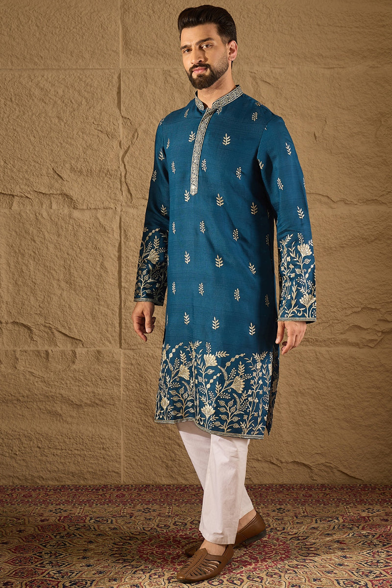 blue chanderi silk solid embroidered straight kurta with trouser