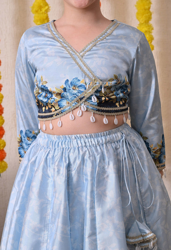 Indi Loom Couture Girls Sky Blue Floral Printed Lehenga Choli with Net Dupatta ILLCD36
